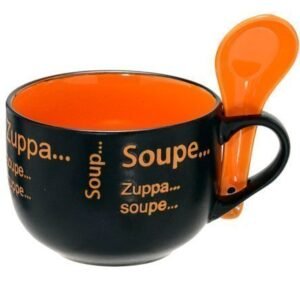 CANECA CERAMICA SOPA PT/LARANJA COLHER 470 ML