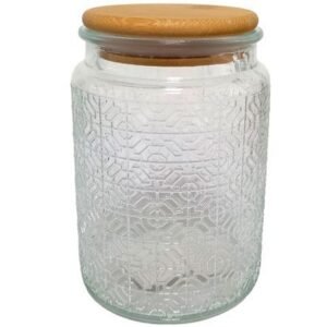 POTE VIDRO VINTAGE C/ RELEVO TAMPA DE MADEIRA 700 ML